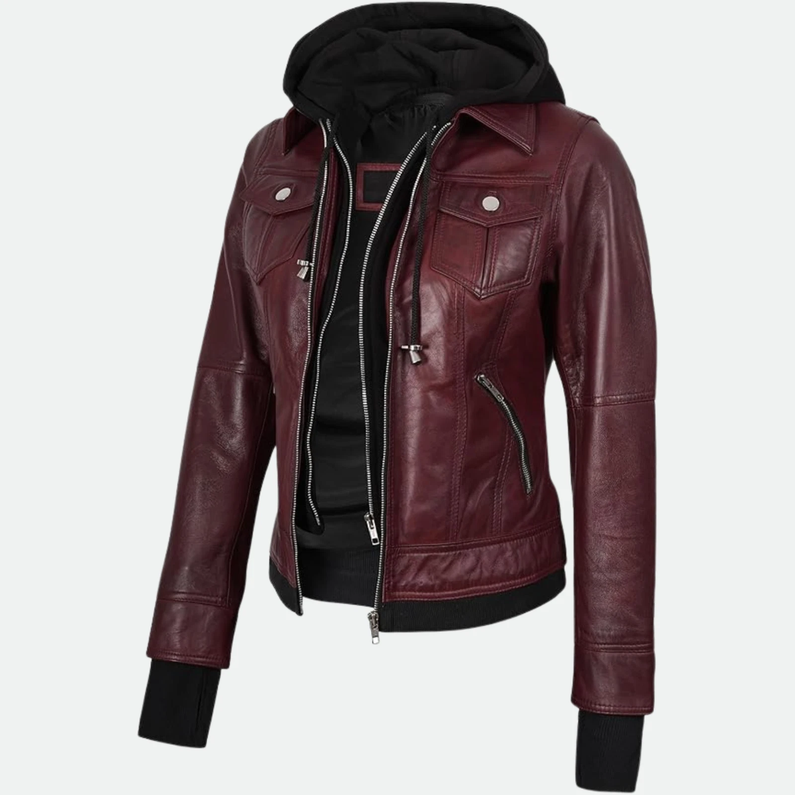 Removable Hood & Bomber Real Lambskin Leather Jacket