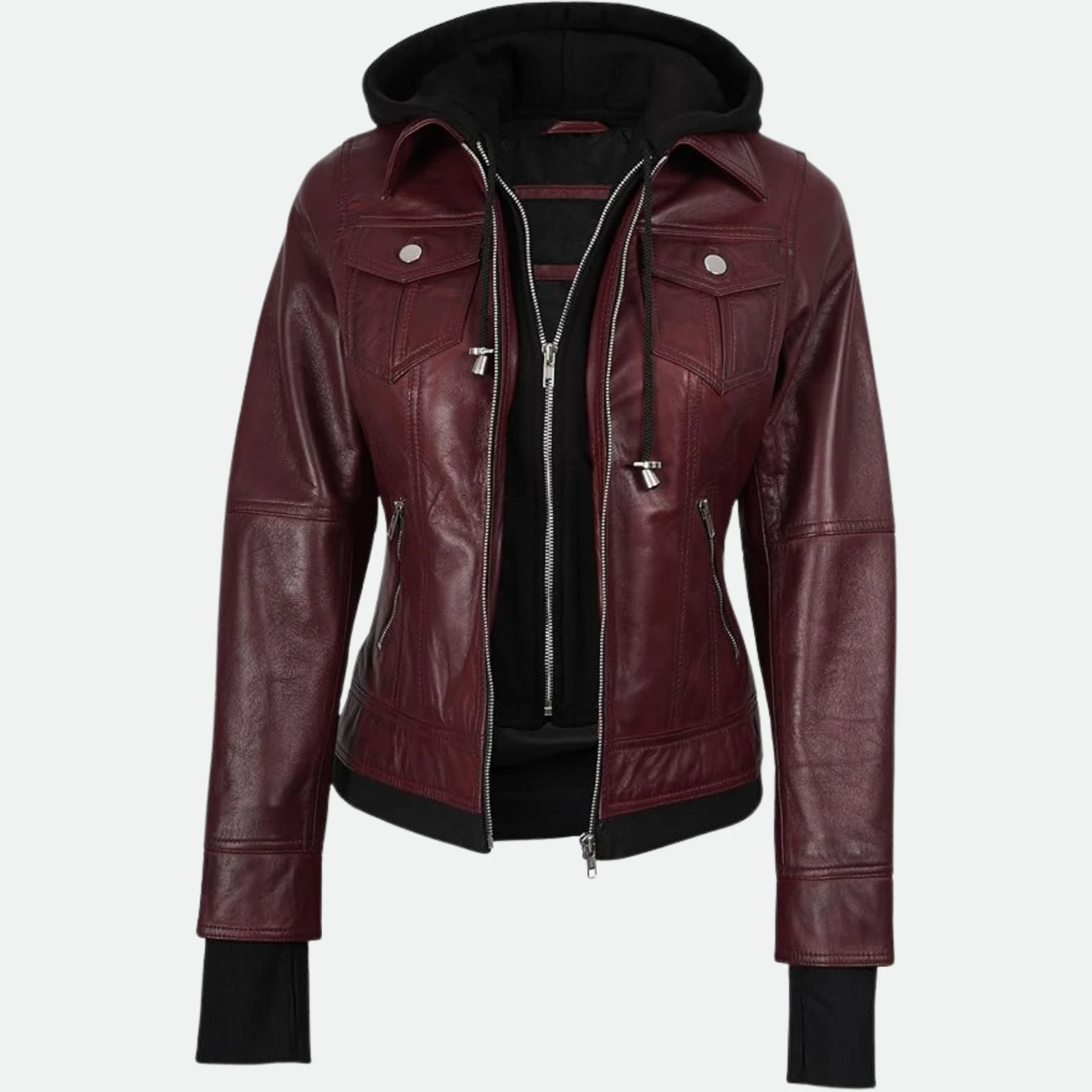 Removable Hood & Bomber Real Lambskin Leather Jacket