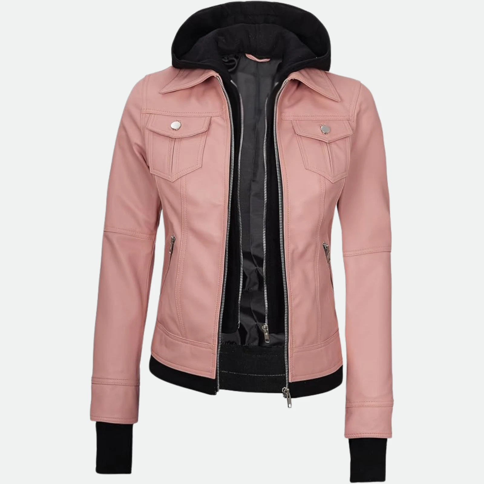 Removable Hood & Bomber Real Lambskin Leather Jacket