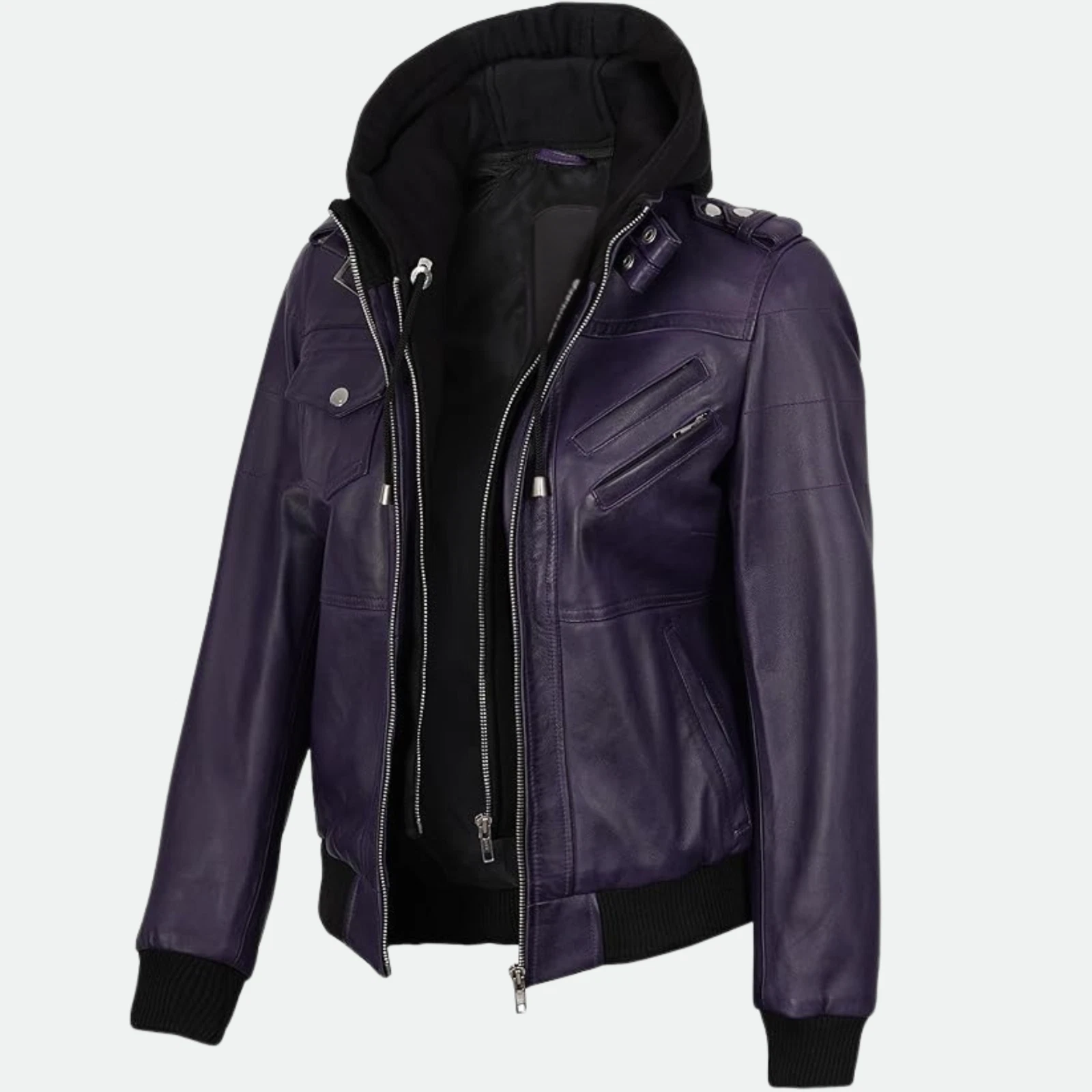 Removable Hood & Bomber Real Lambskin Leather Jacket