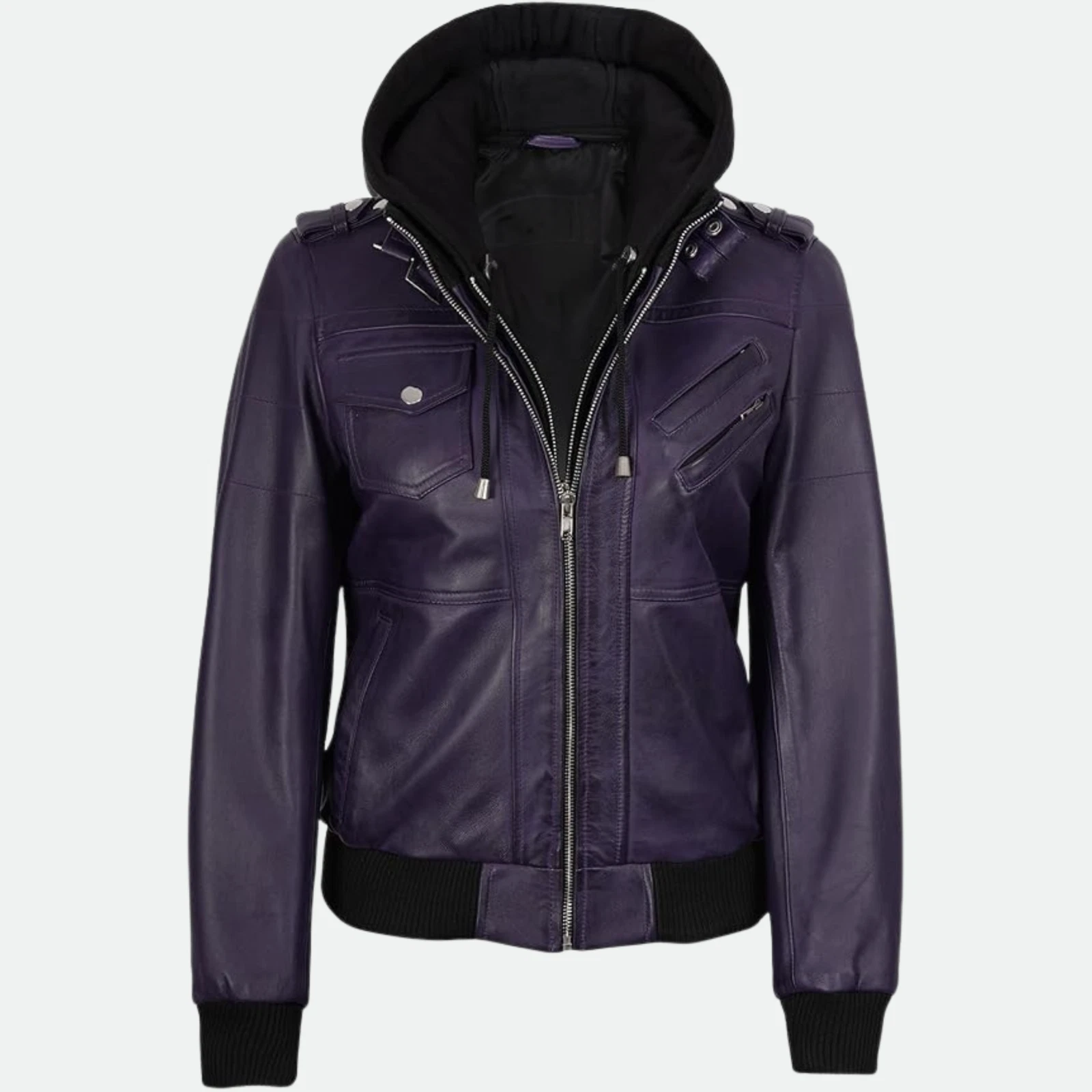 Removable Hood & Bomber Real Lambskin Leather Jacket
